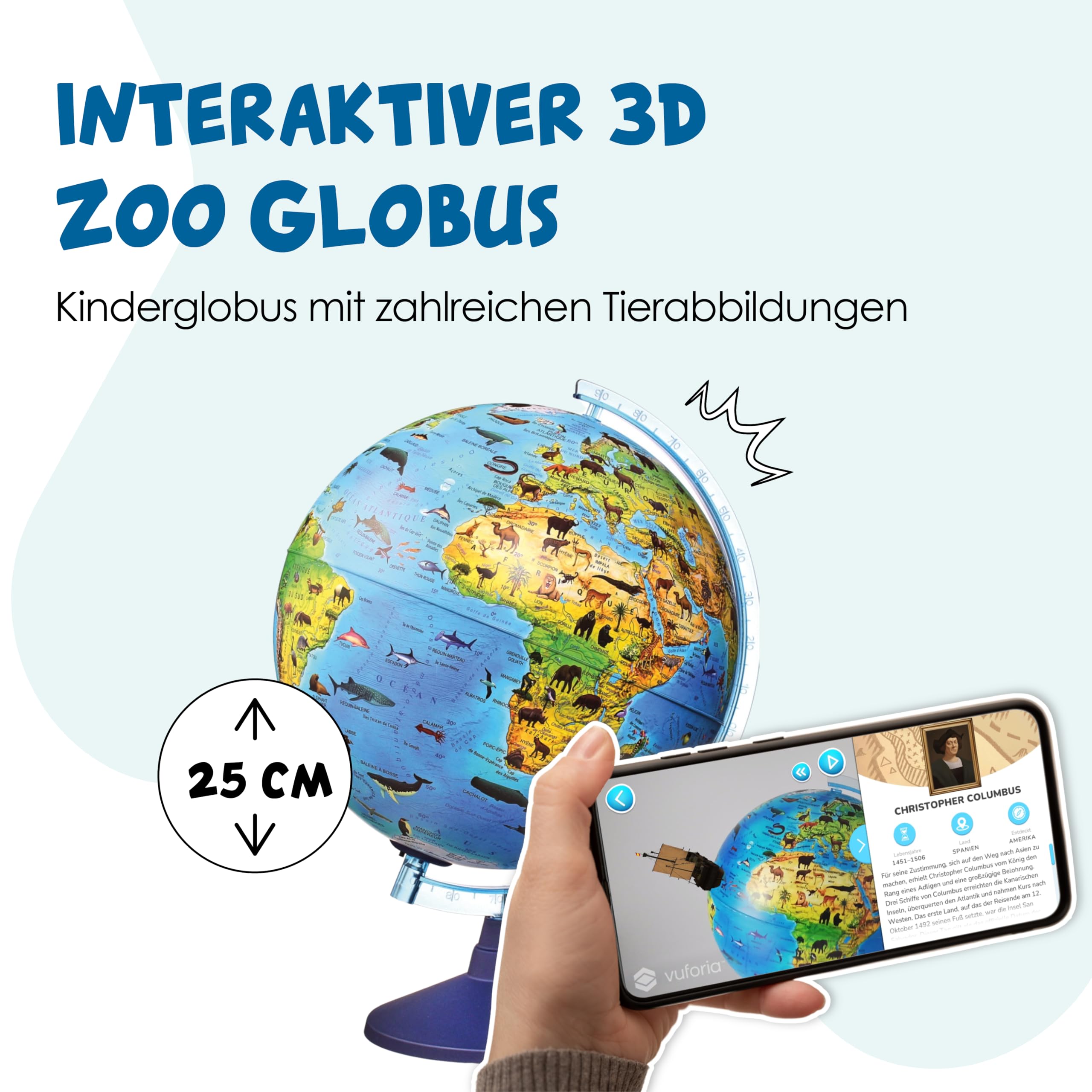 Alldoro 68620 3D Lexi Globus Zoo Ø 25 cm ze Smartfonem IQ Globe App, Świecący z Lampą LED Bez Kabla, Dziecięcy ze Zwierzętami, Mapa Świata, Geograficzny, Podświetlany