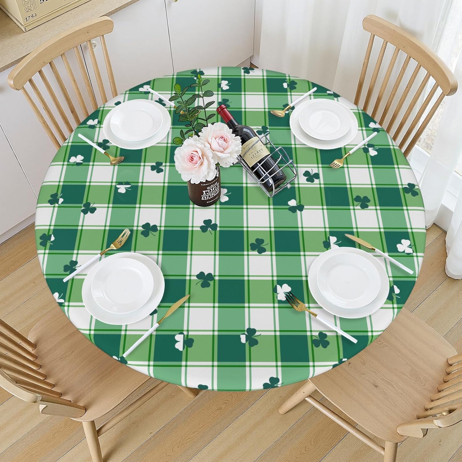 St. Patrick's Day Shamrock Round Fitted Tablecloth Best for 40"-44" Green White Buffalo Plaid Table Cloth Elastic Edge Stain Resistant Washable Clover Table Cover for Party Picnic Indoor Decor - Image 3
