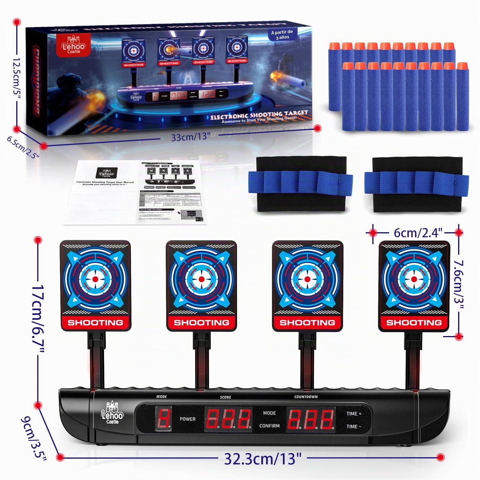 Lehoo Castle Diana Nerf, Objetivo de Tiro Electrónico para Nerf con Restablecimiento Automático, con Muñequera y 20 Balas de Gomaespuma, Juguetes para Niños, Juegos, Regalos de Cumpleaños