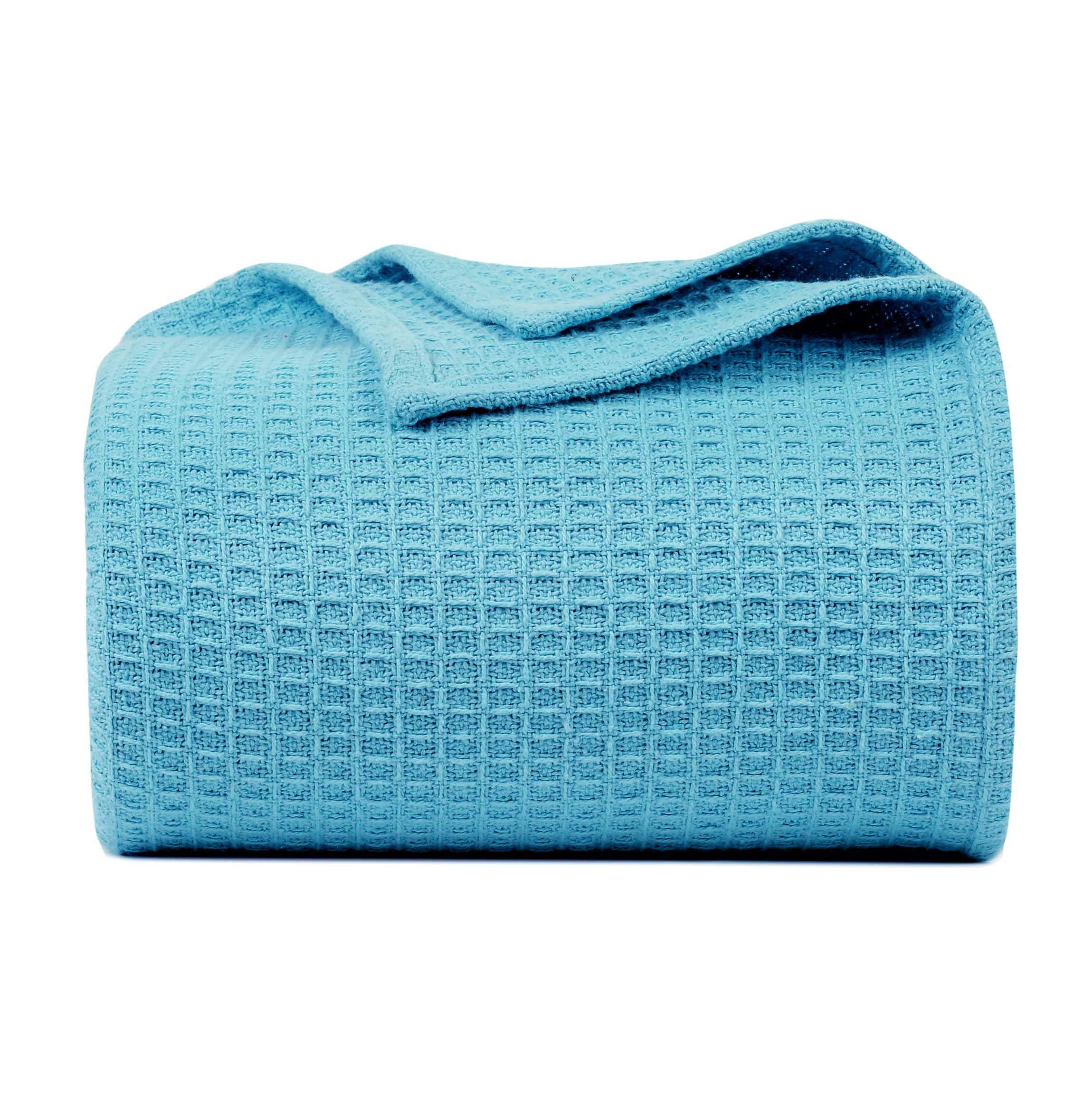 Bed Bath & Home 100% Cotton Waffle Weave Blanket - Pre-Washed, Soft Lightweight All-Season Thermal Queen Blanket (90x90) for Bed, Couch, & Sofa (Blue)
