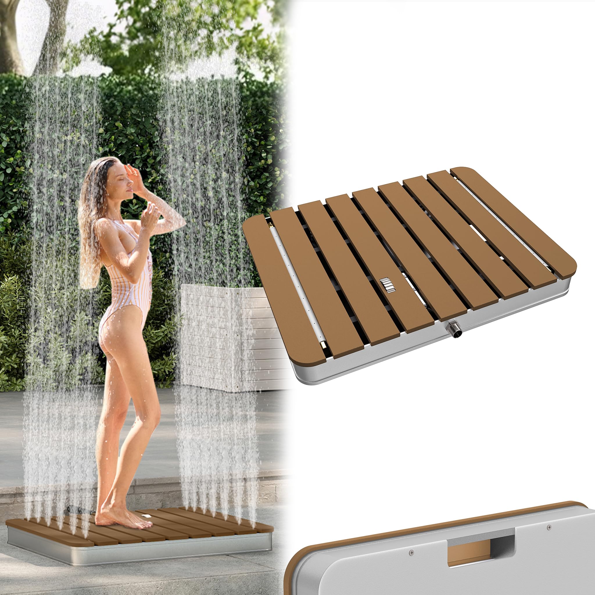 Froadp Gartendusche Campingdusche Aluminium & WPC Bodendusche Holzfarbe Saunadusche mit rutschfeste Standfläche 55x70cm Wetterfest Holzoptik Außendusche für Standard-Gartenschläuche (Rechteckig)