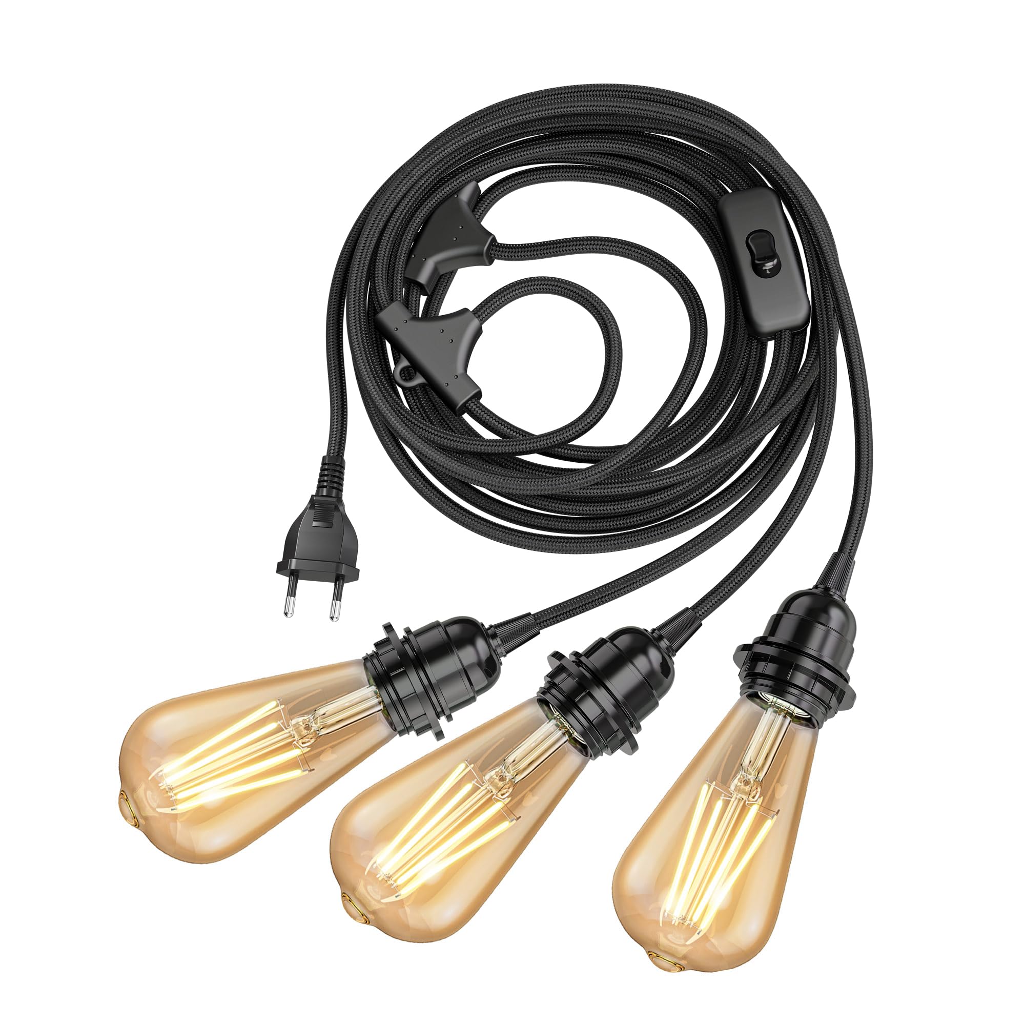 ledscom.de Textilkabel LEKA schwarz, Stecker, Schalter, 8 m, Lampen-Fassung, inkl. 3x E27 LED Leuchtmittel, ST64 (489lm, extra warmweiß)