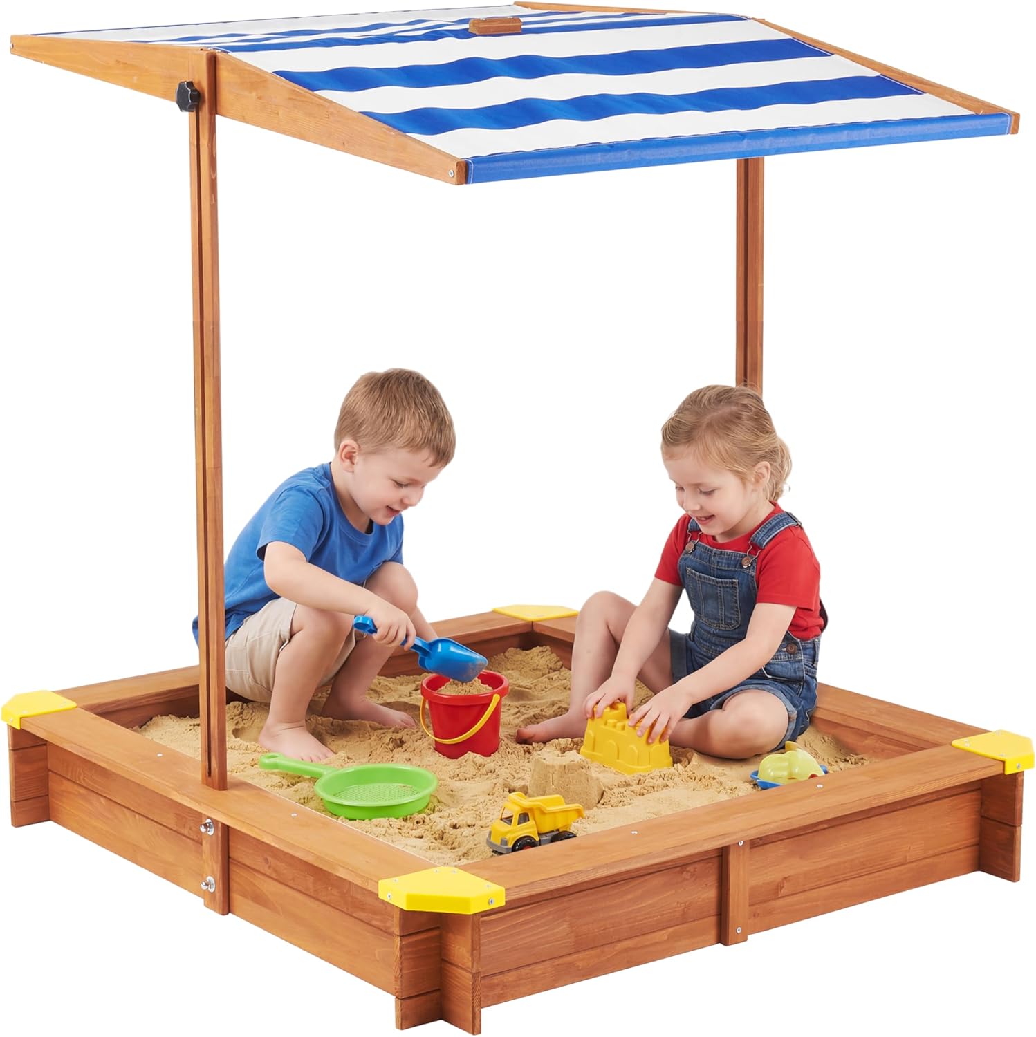 Kid's Sandbox with Cover, 46''x46'' Outdoor Wooden Sandpit w/Adjustable Canopy for Backyard Play