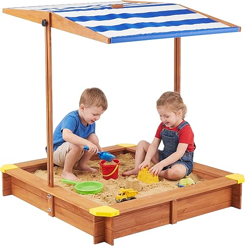 Caja de arena para niños con cubierta, 46 x 46 pulgadas, arenero de madera para exteriores con toldo ajustable para jugar en el patio trasero