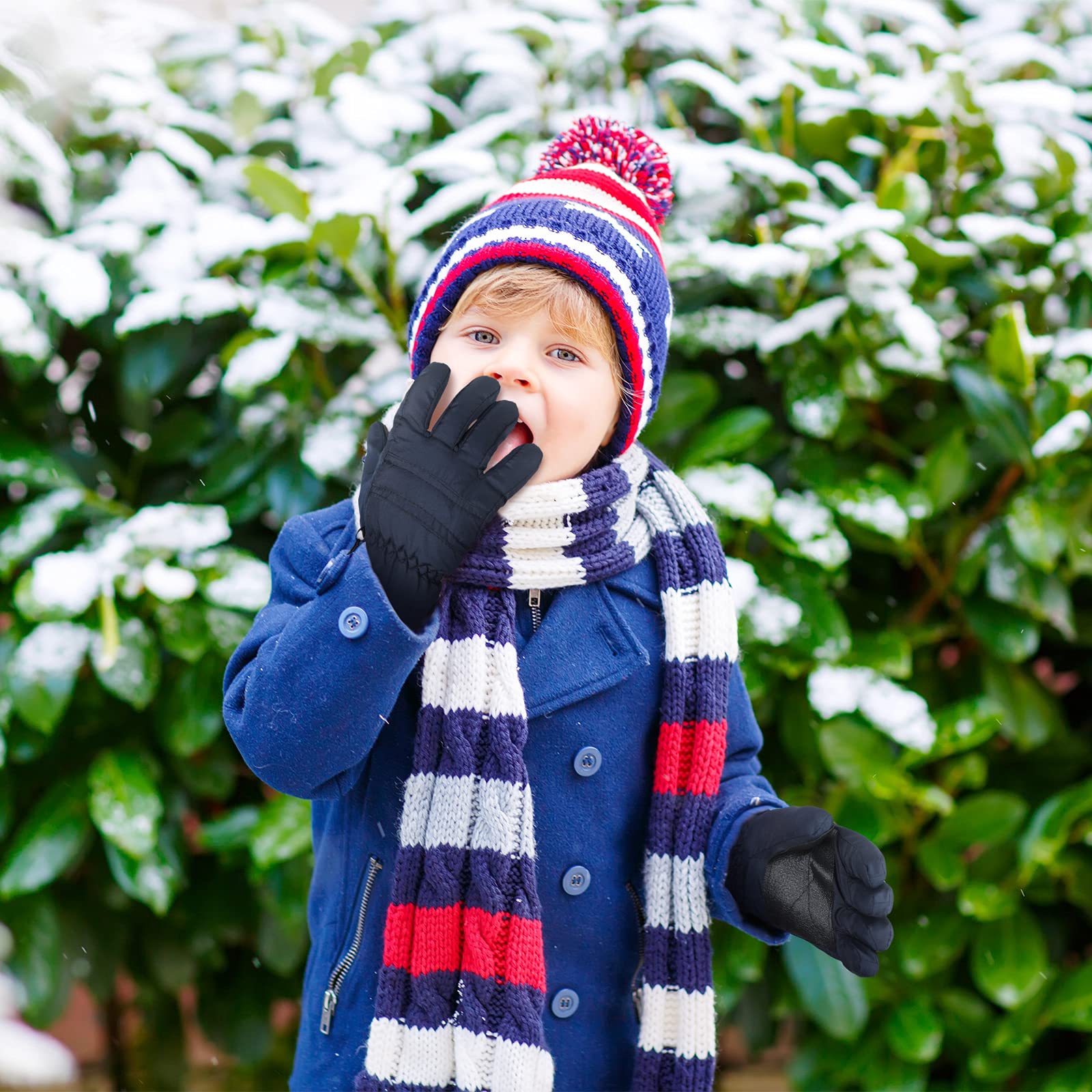 2 Paires Gants de Ski d'Hiver pour Enfants Mitaines de Neige à Doigts Complets Imperméables (Noir et Bleu Marine, 3-6 ans)