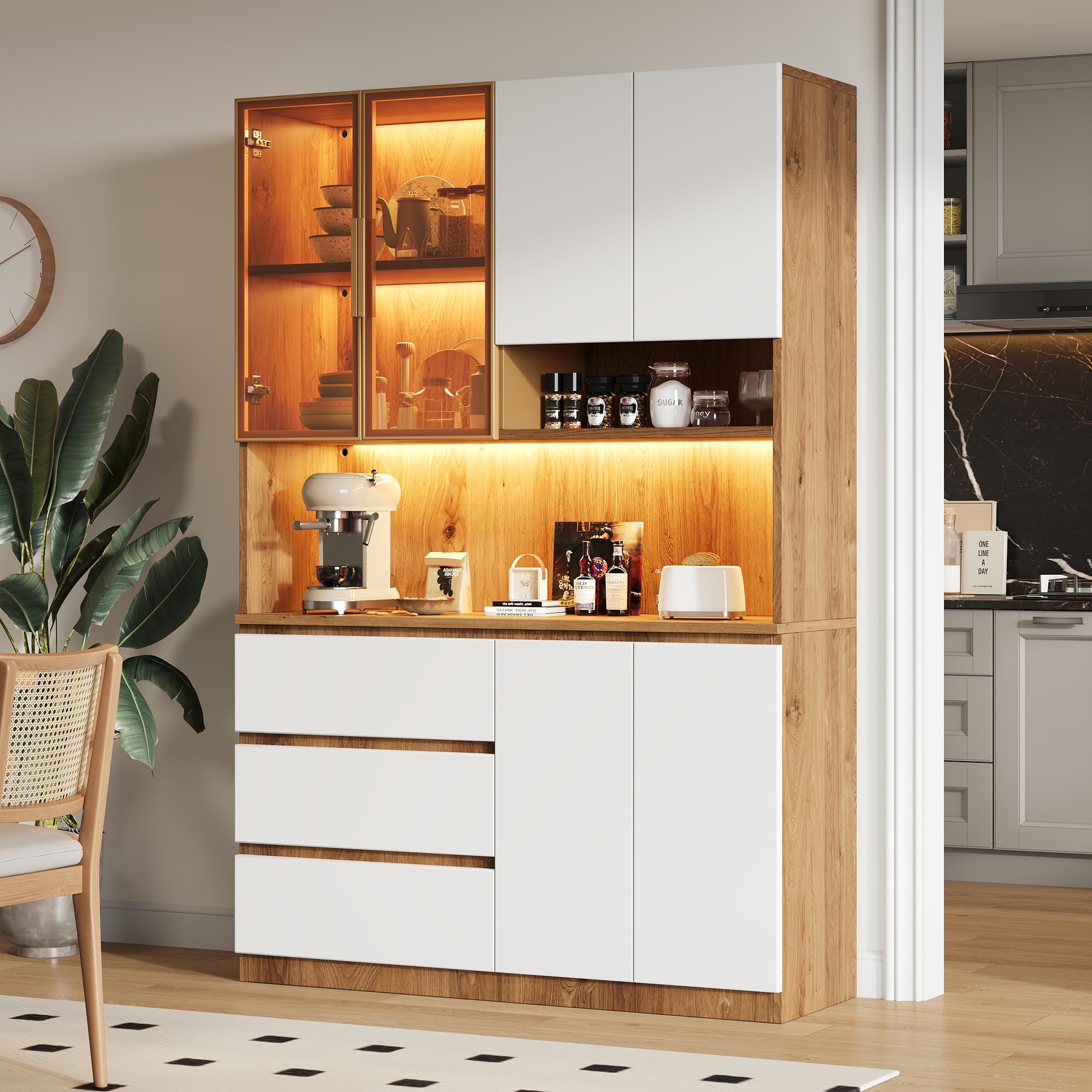 Armadi da cucina, vetrine da cucina con illuminazione a LED, armadi multifunzionali con 3 cassetti, 6 ante e ripiani per riporre stoviglie, forno a microonde. Dimensioni: 120,5 × 40 × 180 cm