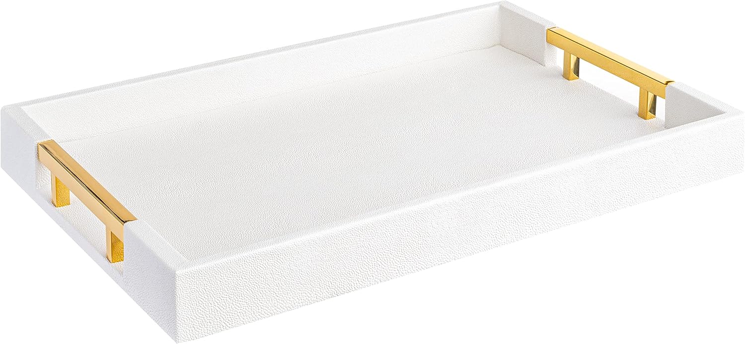 White Glossy Shagreen Faux Leather Tray with Gold Handles