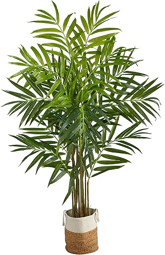 Nearly Natural Árbol artificial de palma King de 8 pies con 12 ramas flexibles en maceta hecha a mano de yute natural y algodón