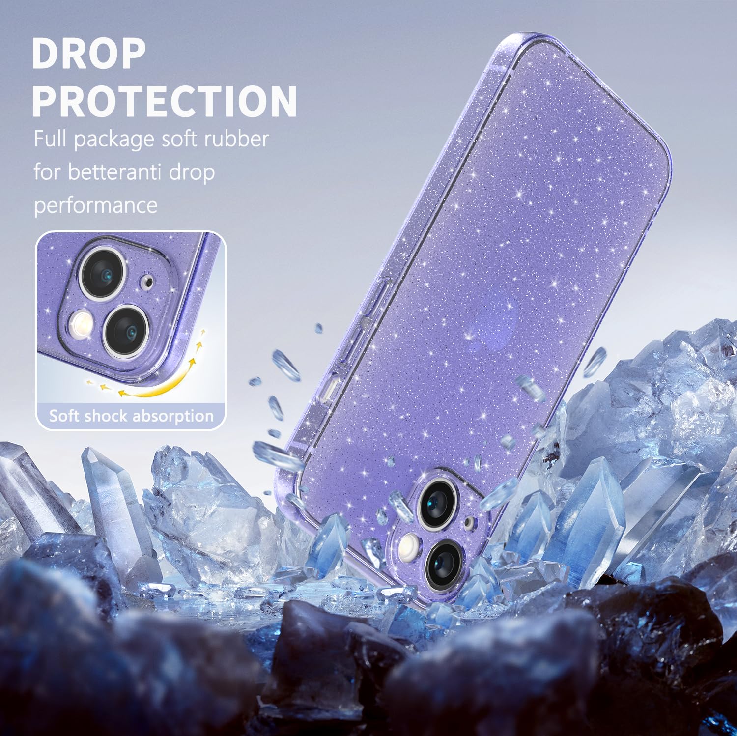 Cover Compatibile con iPhone 13 Custodia Glitter, 2 Pezzi Pellicola Protettiva in Vetro Temperato, Brillantini Custodia Morbido TPU Protezione Trasparente Antiurto Case - Viola