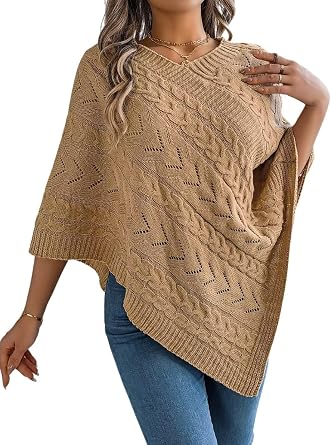 Lightweight Sweaters for Women V Neck Cape Knit Sweater Loose Fit Casual Fall Tunic Tops