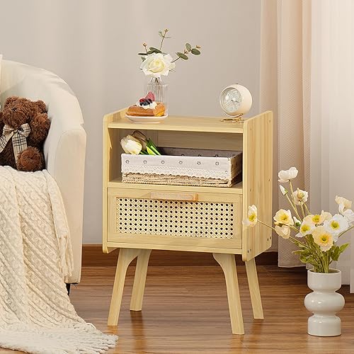 Miniatura 2 de Lerliuo Mesita de noche de ratán, mesita de noche bohemia con cajón de ratán natural hecho a mano y estante abierto, mesa auxiliar con decoración de