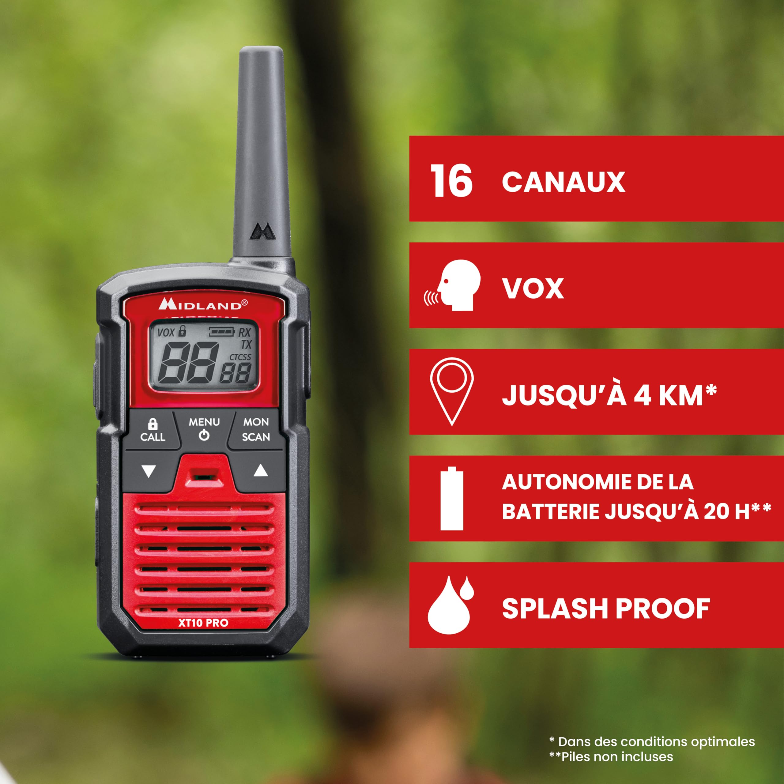 Midland - Lot 2 Talkie Walkie Professionnel XT10 Pro C1459 Étanche pour Outdoor - Radio Récepteur Émetteur avec 16 Canaux PMR446 sans Licence et 38 sous Canaux, Portée 4Km et 3 Piles AAA