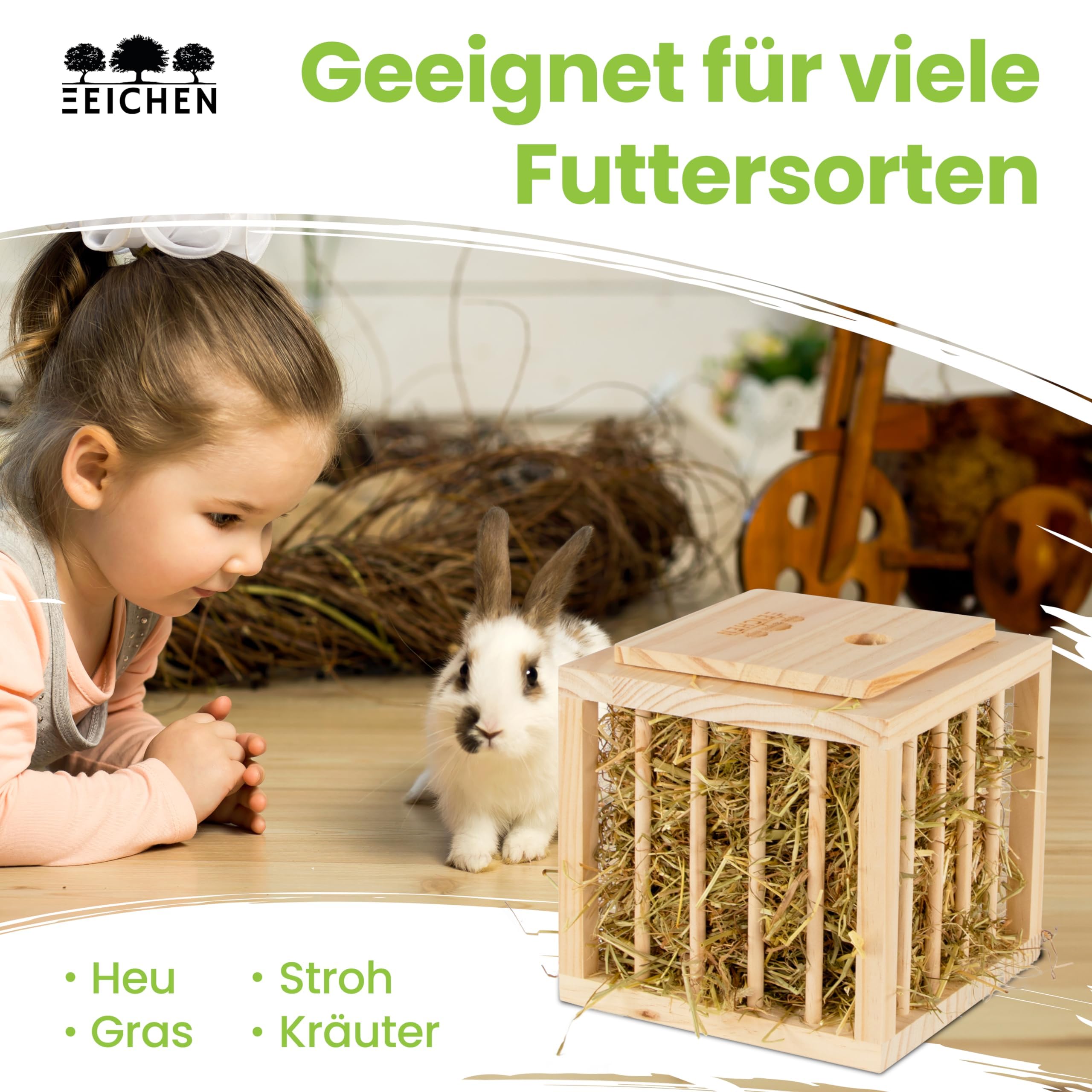Heuraufe Kaninchen, Hasen, Hamster. Stabiler Stand in Würfelform. Unbehandeltes Naturholz. Perfekt für den Kaninchenstall. Heuraufe Meerschweinchen. Heu. Zubehör. Groß. Stehend | Drei Eichen
