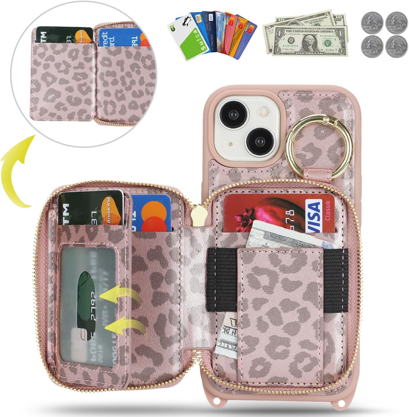 Crossbody Wallet Case for iPhone 14, PU Leather Zipper Handbag Purse Flip Cover, Kickstand Folio Case with Card Slots Holder Wrist Strap Lanyard 5G 6.1 Inch-Pink Leopard