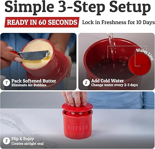 Vista 5 de PriorityChef Butter Crock with Lid with Water Line, Ceramic French Butter Dish to Leave On Counter, Red Rojo