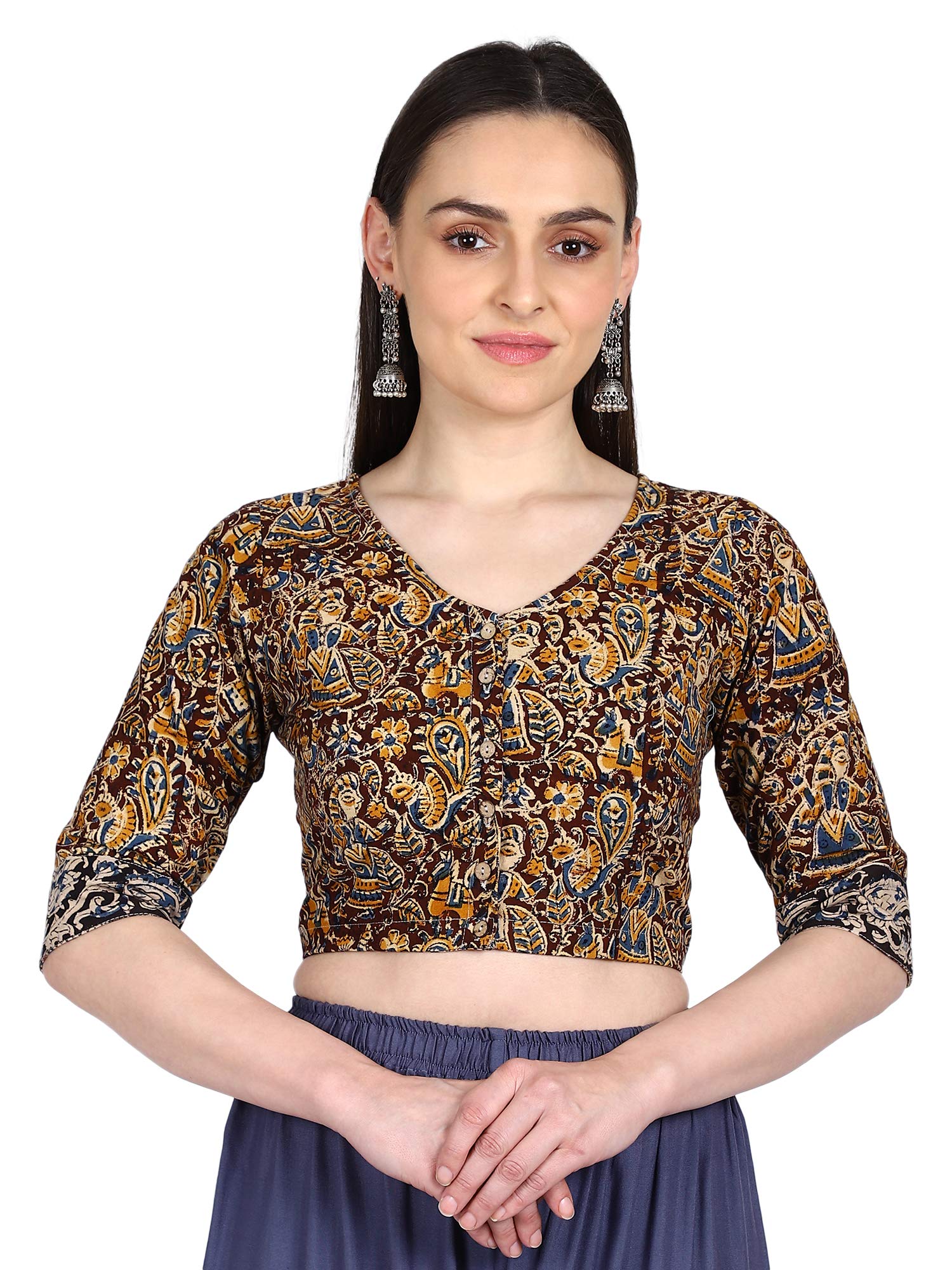 Brown Kalamkari Hand Block Printed Cotton Blouse for Women-image-29