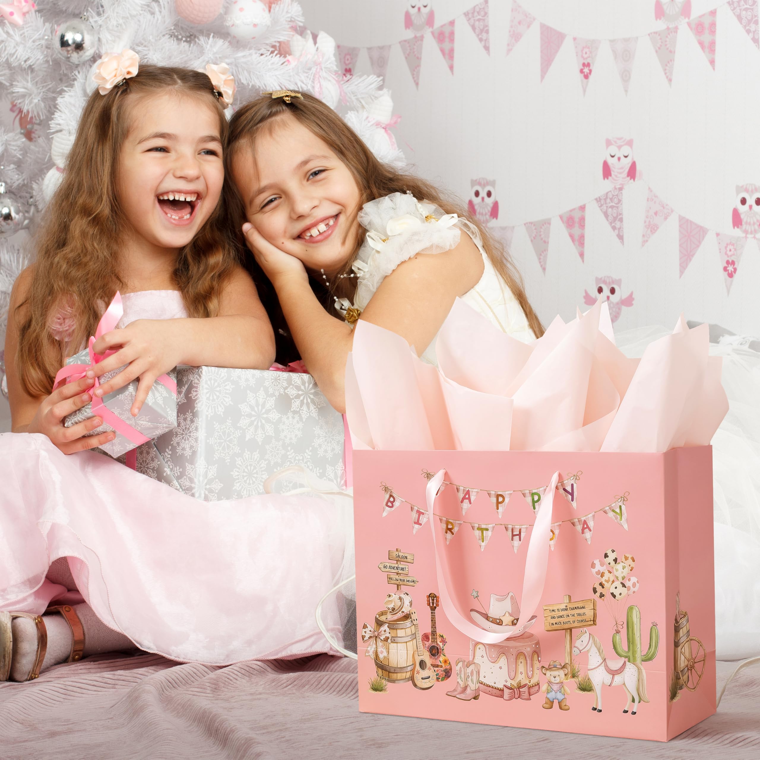 Crisky Large Cowgirl Birthday Bags for Girls with Card and Tissue Papers, Pink Bear Large Girl Birthday Gift Bag for Western Cowgirl Party Favors Decorations Bday Gifts, 13"