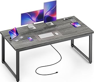 Huuger 55 Inch Desk with Power Outlets & USB-C, Deeper & Thicker Desktop, Robust Metal Tubes, Computer Desk, Heavy Duty Office Desk, Work Desk for Home Office, Grey