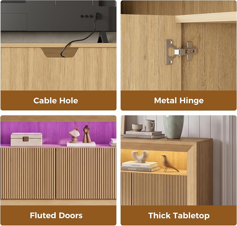 78.75" Fluted TV Stand with Storage, LED Light Entertainment Center, Oak image 7