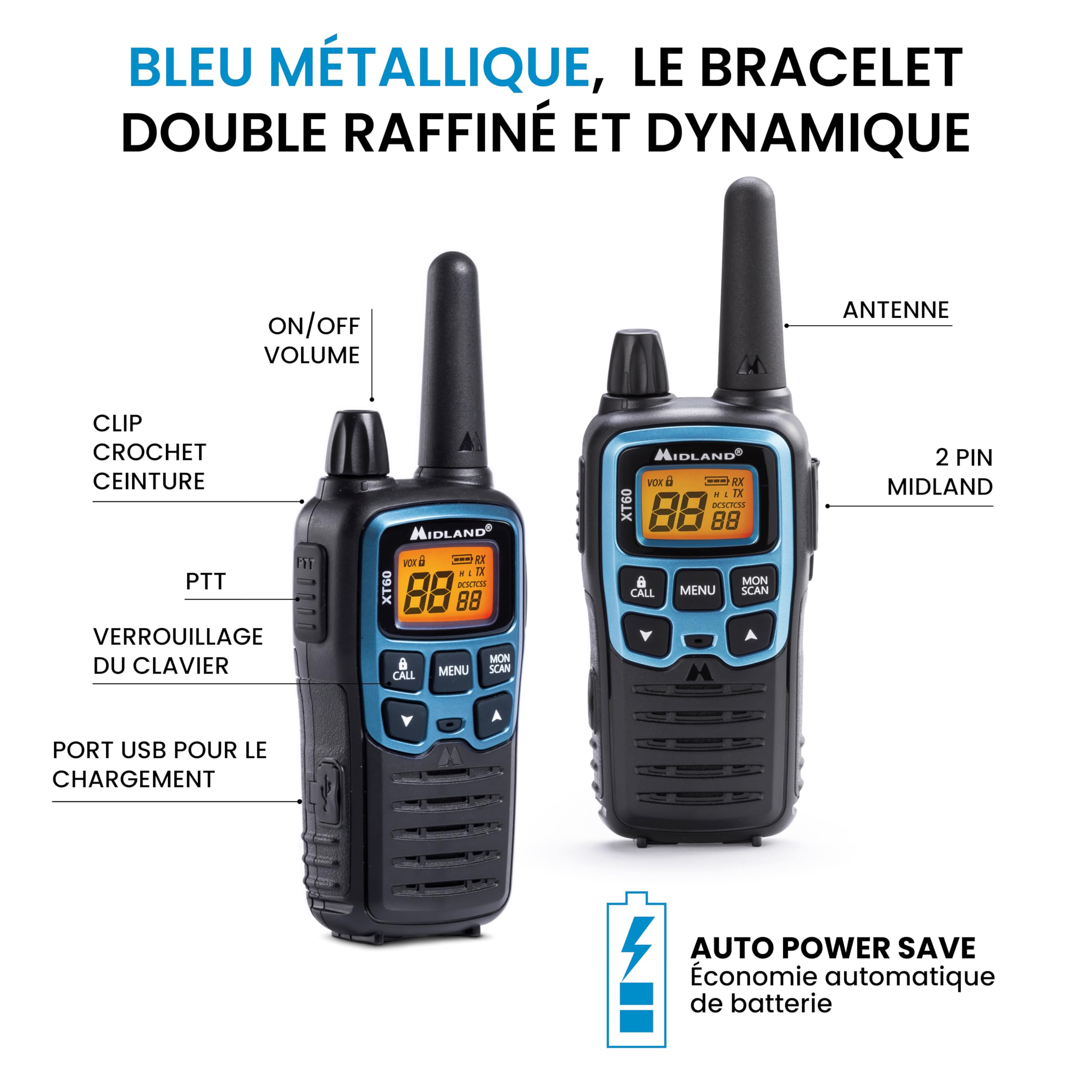 Midland- Talkie Walkie Longue Portée 10Km Professionnel XT60, Radio Récepteur Émetteur DualBand 93 Canaux, 69 Canaux LPD/24 PMR446 non Licence, 38 CTCSS/83 DCS Charge Rapide Autonomie 12H, Accessoires