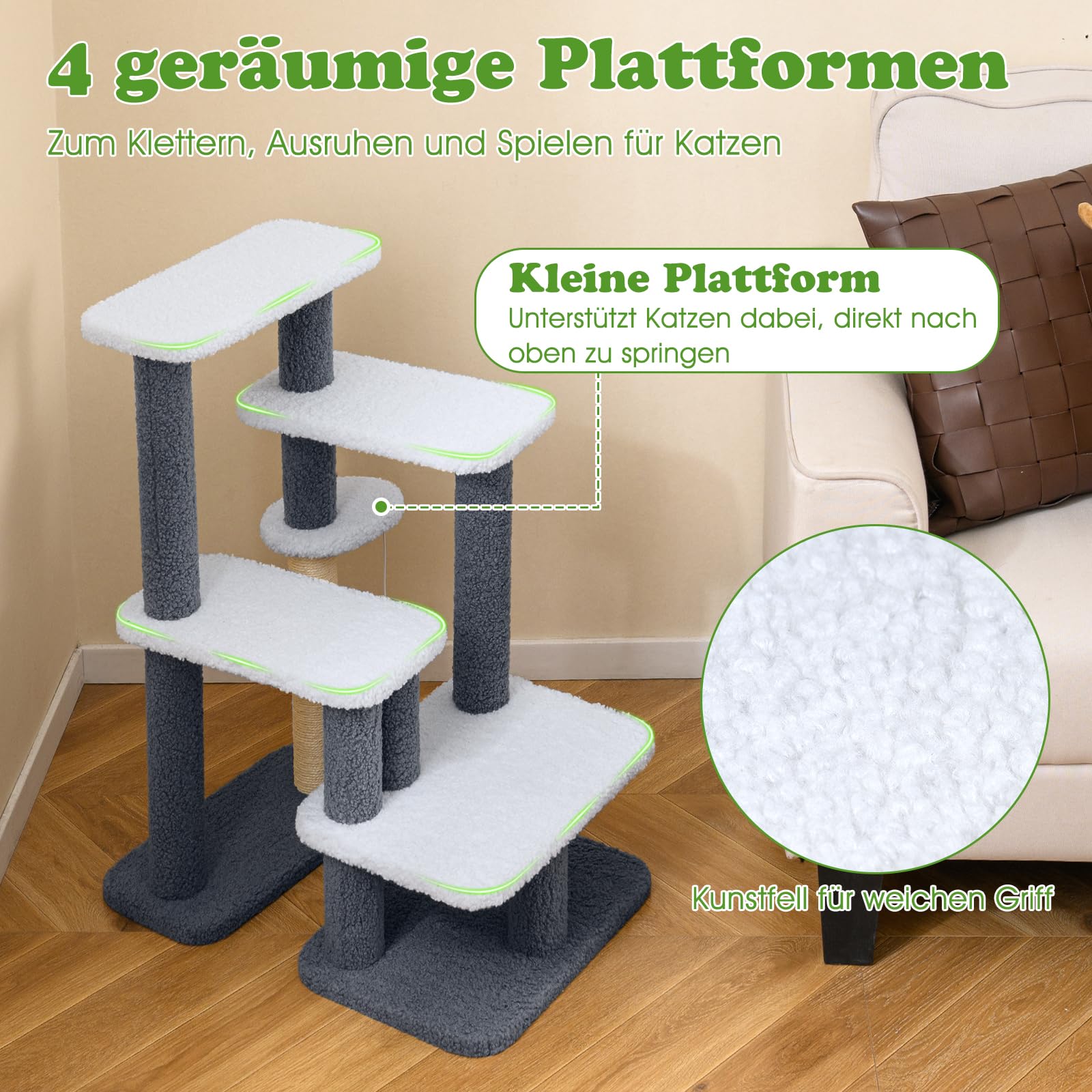 GYMAX 5 Stufen Katzentreppe, stabile Tiertreppe mit Sisal-Kratzstamm, Spielball & Plüschsitzfläche, Hundetreppe für Katze & Hunde bis 15 kg, Katzen Katzenmöbel, 62 x 41 x 77 cm