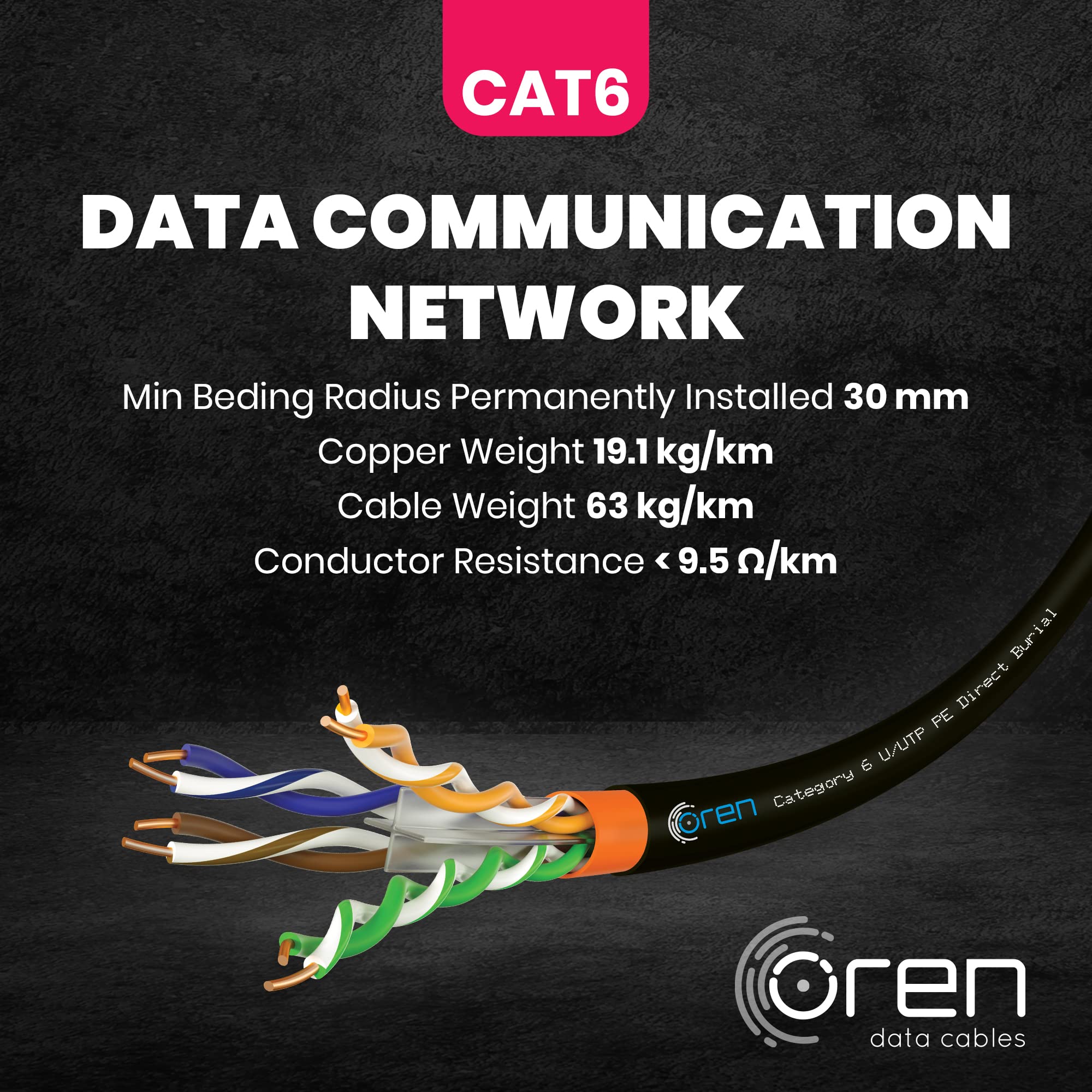 Oren CAT6 Ethernet Kabel 100m für den Außenbereich – Direkte Erdverlegung – 23 AWG Reiner Kupferdraht – 400 MHz Bandbreite UTP, Internet, LAN, Netzwerkkabel – halogenfrei, nicht korrosiv – Gigabit