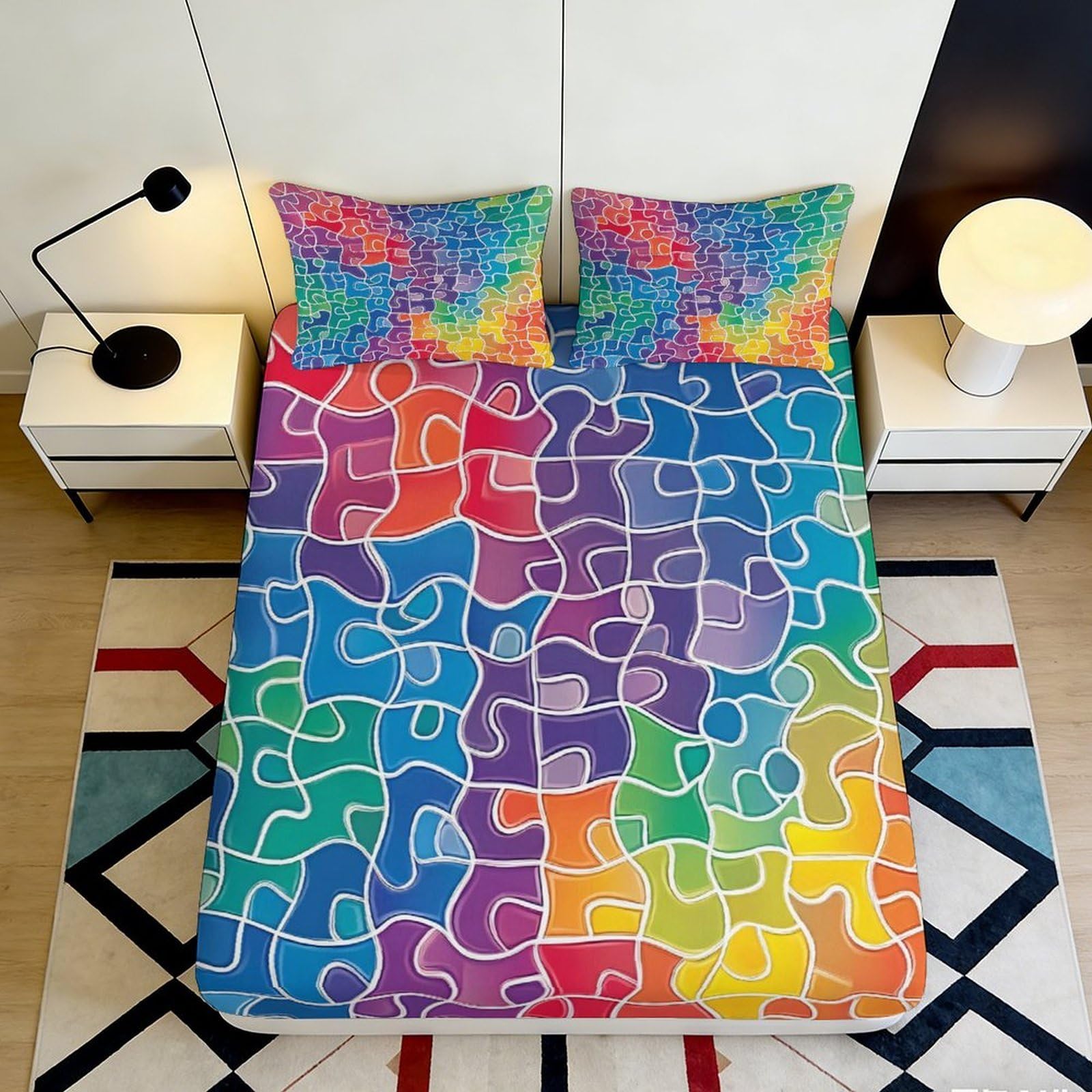 3D Printed Colorful Puzzle Pattern Fitted Sheet Microfiber Soft Breathable Vibrant Abstract Bed Cover for Bedroom Dormitory Guest Room Mattress Protection 160x200x25cm
