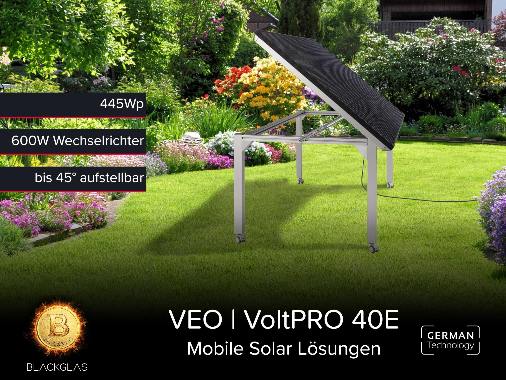 Balkonkraftwerk 445Wp Solar Gartentisch VEOvoltPRO mit Rollen, Full Black Solarmodul, 600W Wechselrichter mit App, 5m Kabel, Verstellbarer Winkel, Plug & Play, Vormontiert, Made-in-Germany