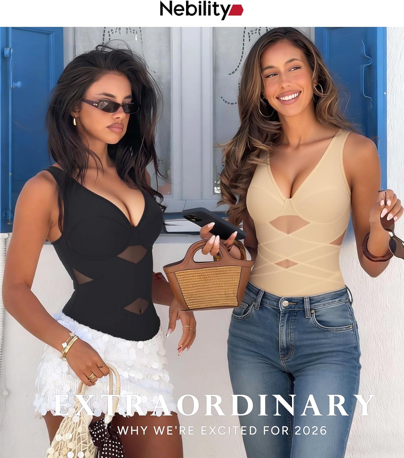 Nebility Shapewear Bodysuits for Women Tummy Control Body Shaper Faja V Neck Body Suits