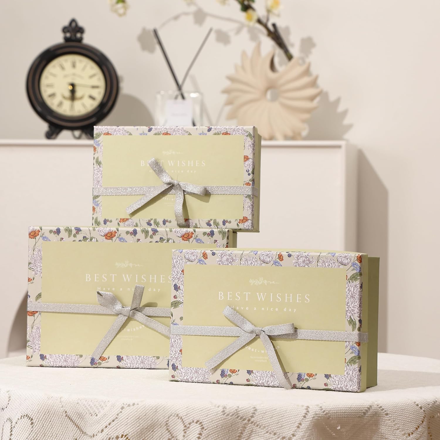 HOME ELEMENTS 3 Pcs Best Wishes Luxury Gift Boxes Set With Bow, Decorative Present Boxes,Bridesmaid Box For Hampers, Birthdays, Weddings & Events, Special Occasions (Green),Cardboard, Paper