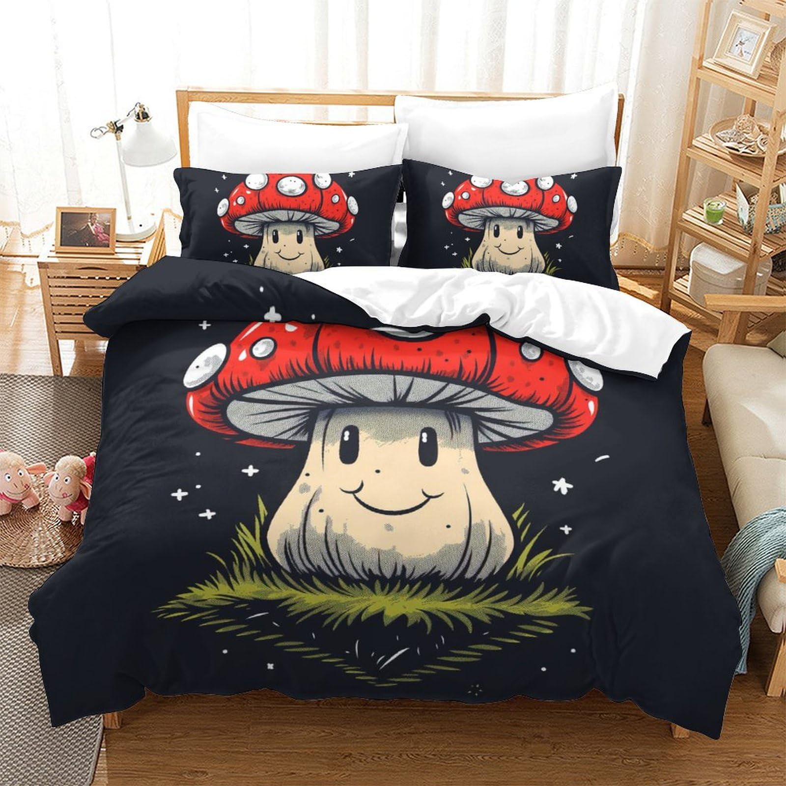 Housse de couette champignons 220x240 cm douce avec fermeture éclair pour lit adulte et garçon