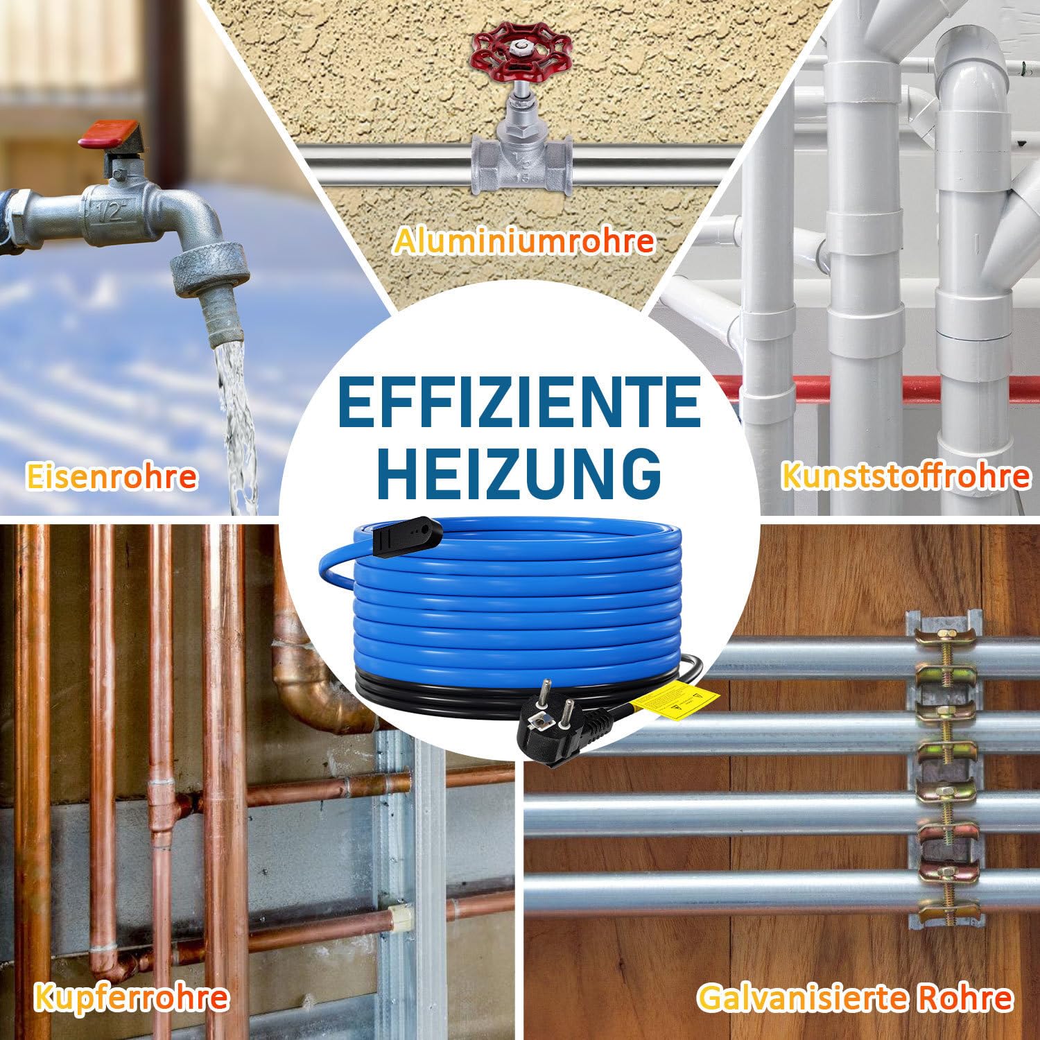 2x Fiqops Câble chauffant antigel de 4m avec thermostat et ruban adhésif de 10m, 68W 230V IP68 17 W/M Autorégulant Câble Chauffant Traçage Chauffant pour Tuyaux d'eau Plantes