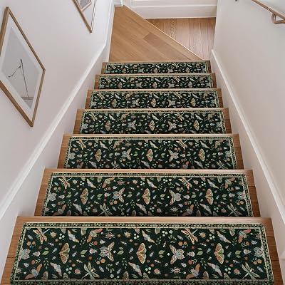 OJIA Insect Print Stair Treads Non Slip Stair Runners for Wooden Steps Indoor, 15PCS 8"x30" Rubber Backing Carpet Treads for Wood Stairs Staircase Step Treads for Kids & Dogs, Stair Covers, Black