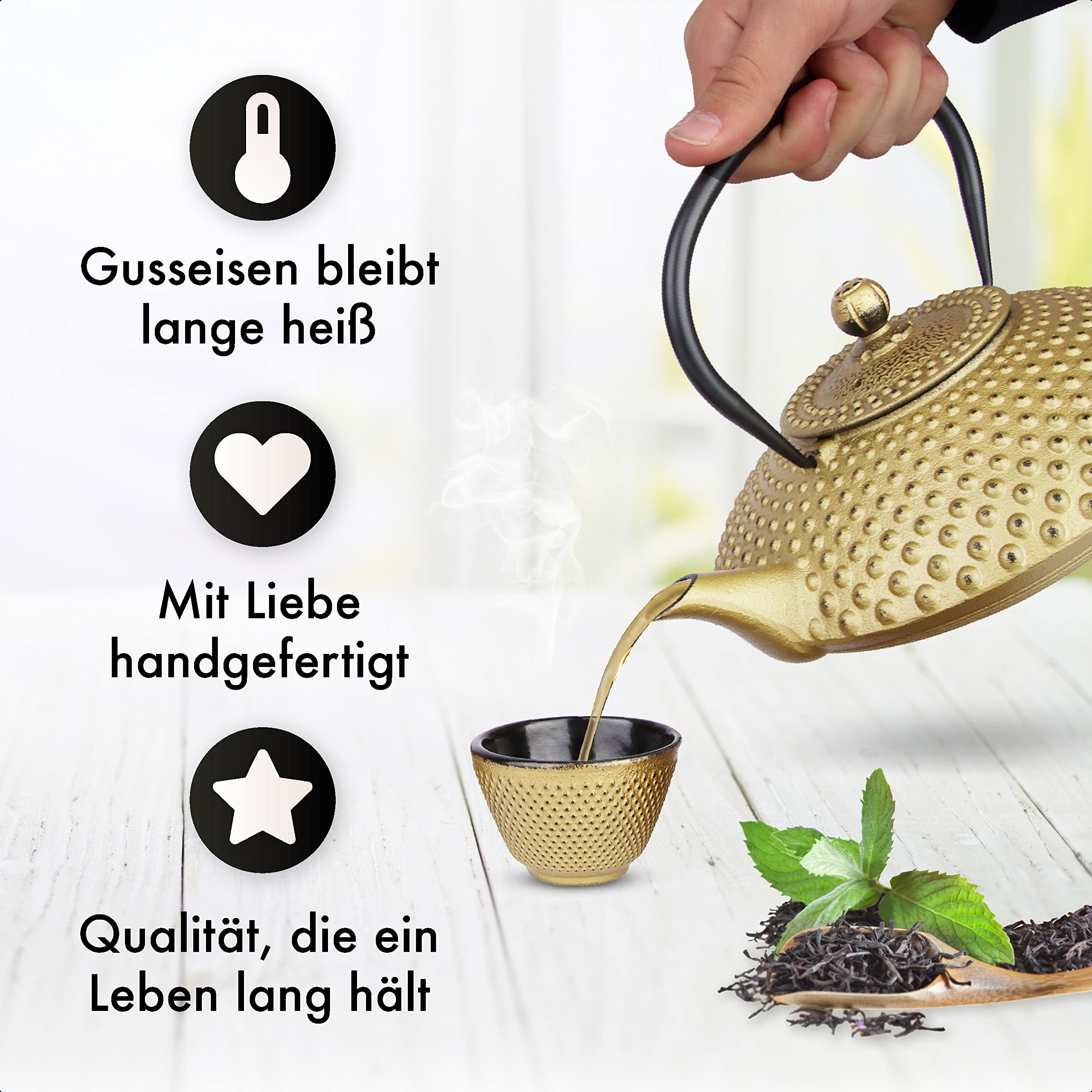 TEEKANNE GUSSEISEN 1,25 Liter | Gusseiserne Teekanne im Japanischen Stil | Gusseisen Teekanne mit Sieb aus Edelstahl | Hervorragende Wärmespeicherfähigkeit | Langlebig | Kambin | Voll Gold