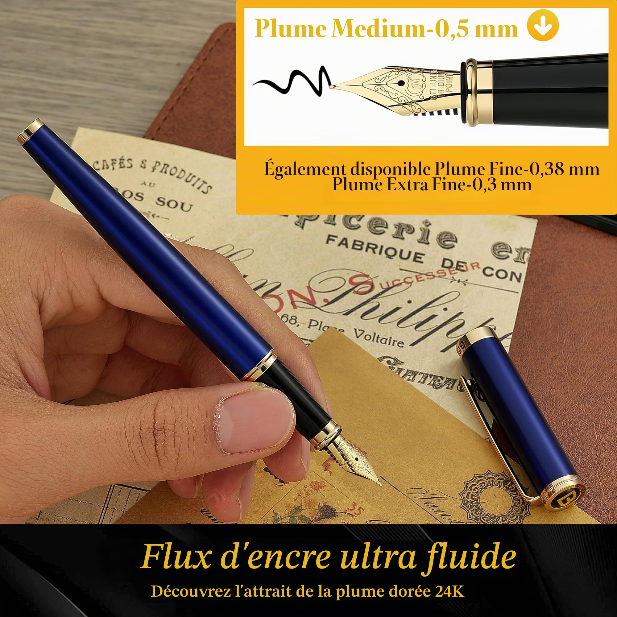 BEILUNER Stylo Plume de Luxe, Magnifique Finition Piano Laqué et Or 24K, Cadeau Fiable avec Convertisseur pour Hommes & Femmes, Stylo Élégant pour l'Écriture - Bleu & Or, Plume Moyenne