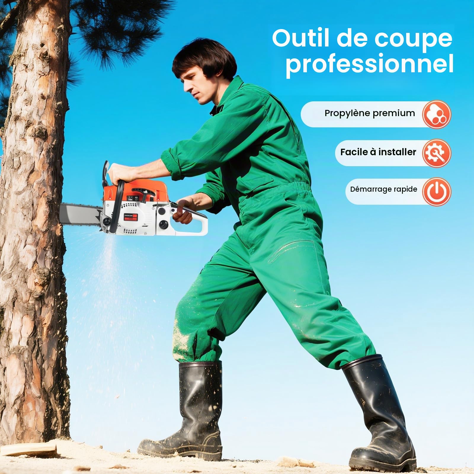 Scie à chaîne à essence, moteur 2 temps 52cc, avec longueur de lame de 51cm et démarrage facile, lubrification automatique de la chaîne idéale pour le bois de chauffage, l'élagage des arbres et