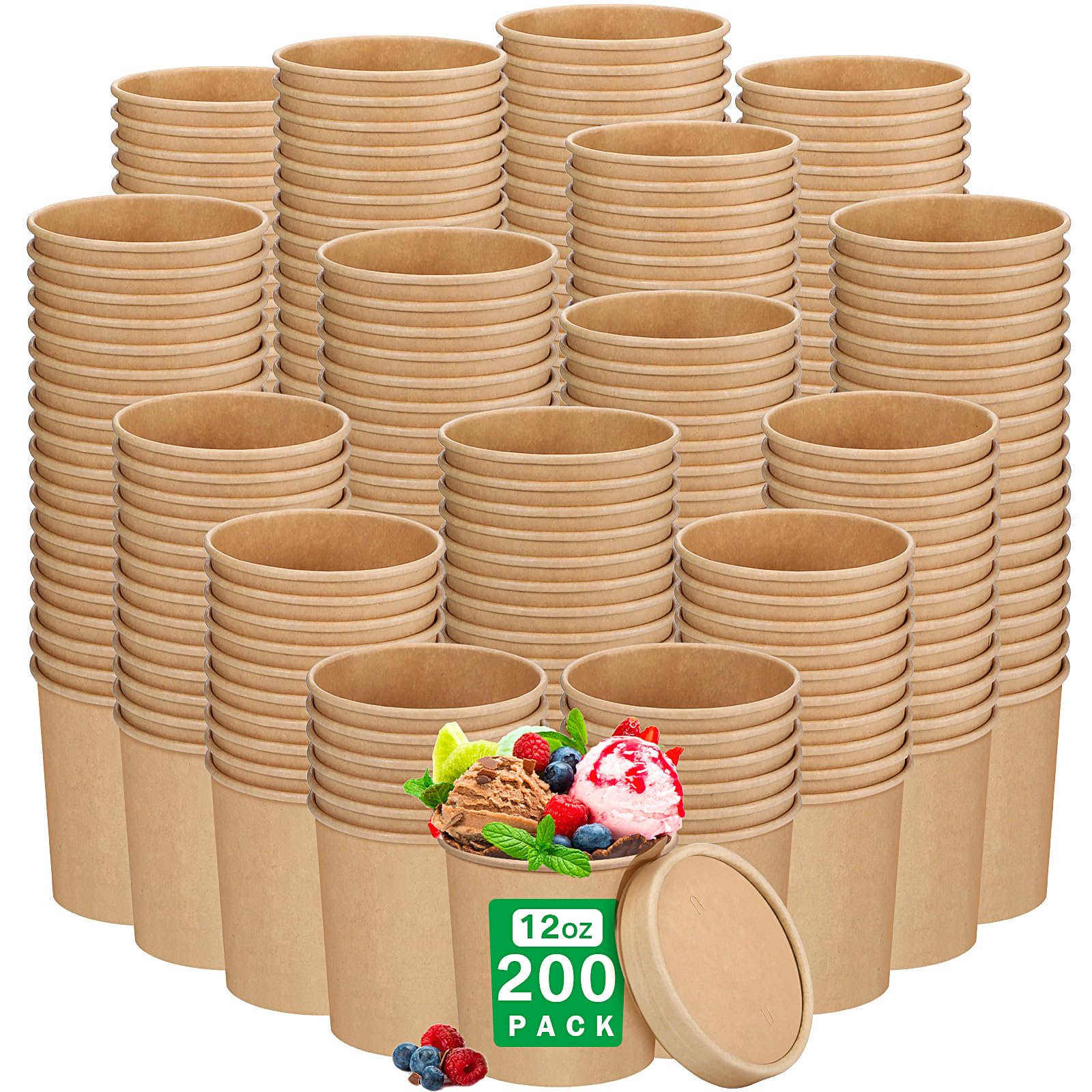 Photo 1 of Irenare 200 Sets 12 oz Disposable Soup Containers with Lids Kraft Paper Cups Bulk Ice Cream Bowls Disposable Food Storage Containers for Soup Dessert Ice Cream, Brown