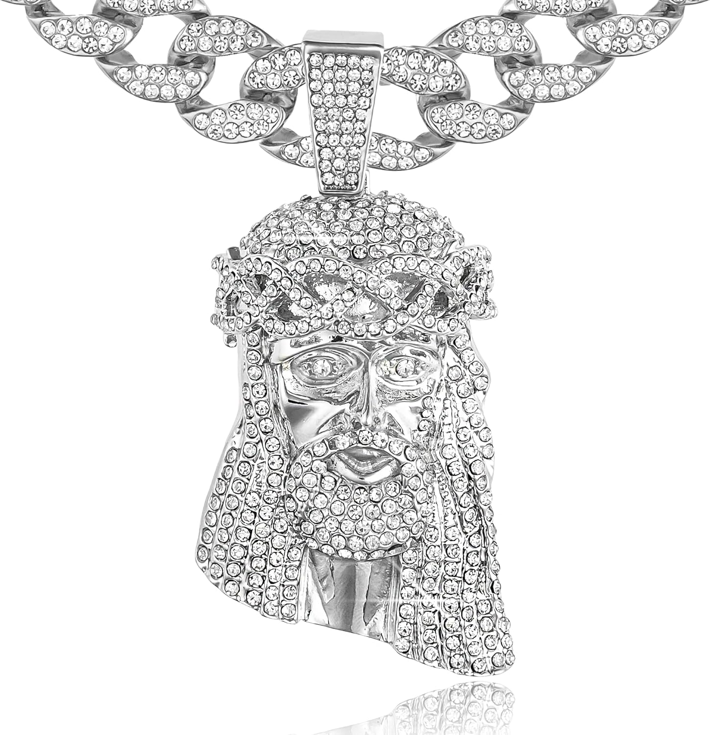 Full Iced Bling Out Jesus Pendant Charm with Cuban Link Necklace Chain Set, Men/Women, CZ Crystal Diamonds, Gold Plated, Rhodium Finish Cuban Chain, Snap Clasp (80mm x 45mm)