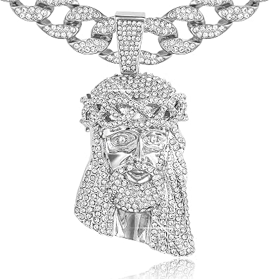 14K White Gold Plated Full Iced Out Large Faith Cross Jesus Pendant with 16MM 16-24 Inch Luxury Bling Lab Diamond Miami Cuban Link Chain Religious Gift Hip Hop Rapper Fashion for Men