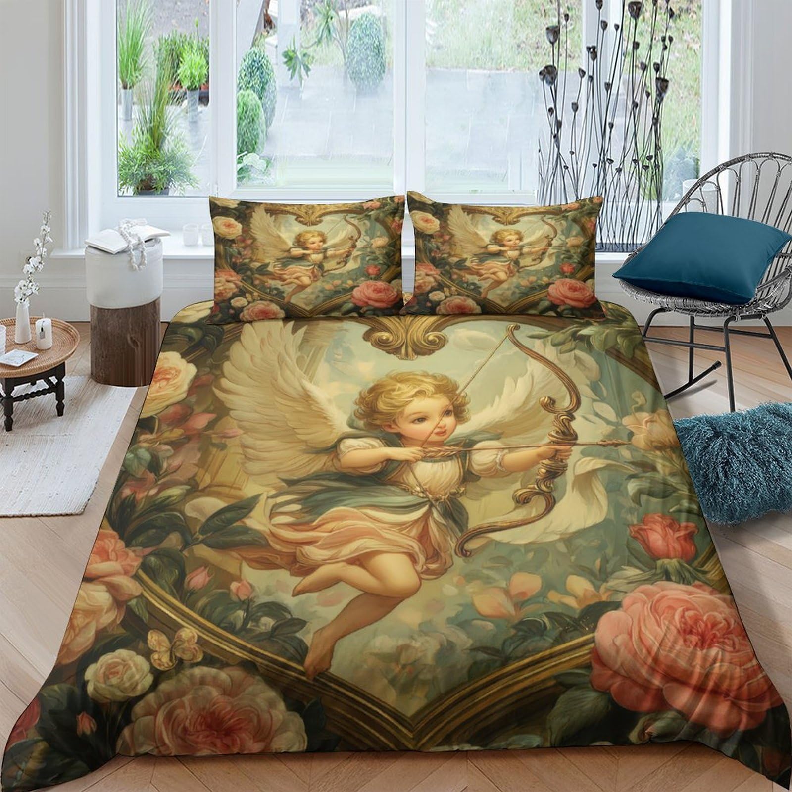 Ctjqhvkz Style-4 3D Printed Vintage Angel Fitted Sheet Microfiber Soft Floral Art Mattress Cover For Bedroom Guest Room Decor Single（135X200cm）