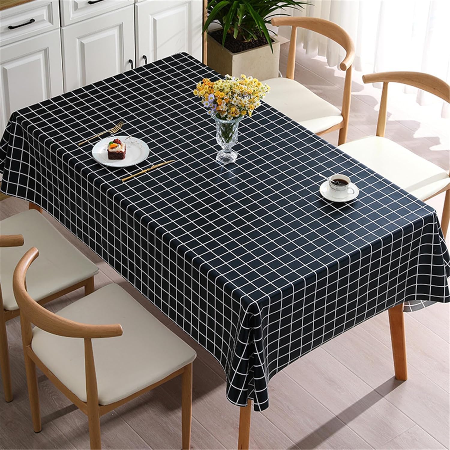 KIJyfgTR Checked Rectangular Tablecloth Ideal For Outdoor Gardens And Festive Parties(Schwarz,140x180cm)