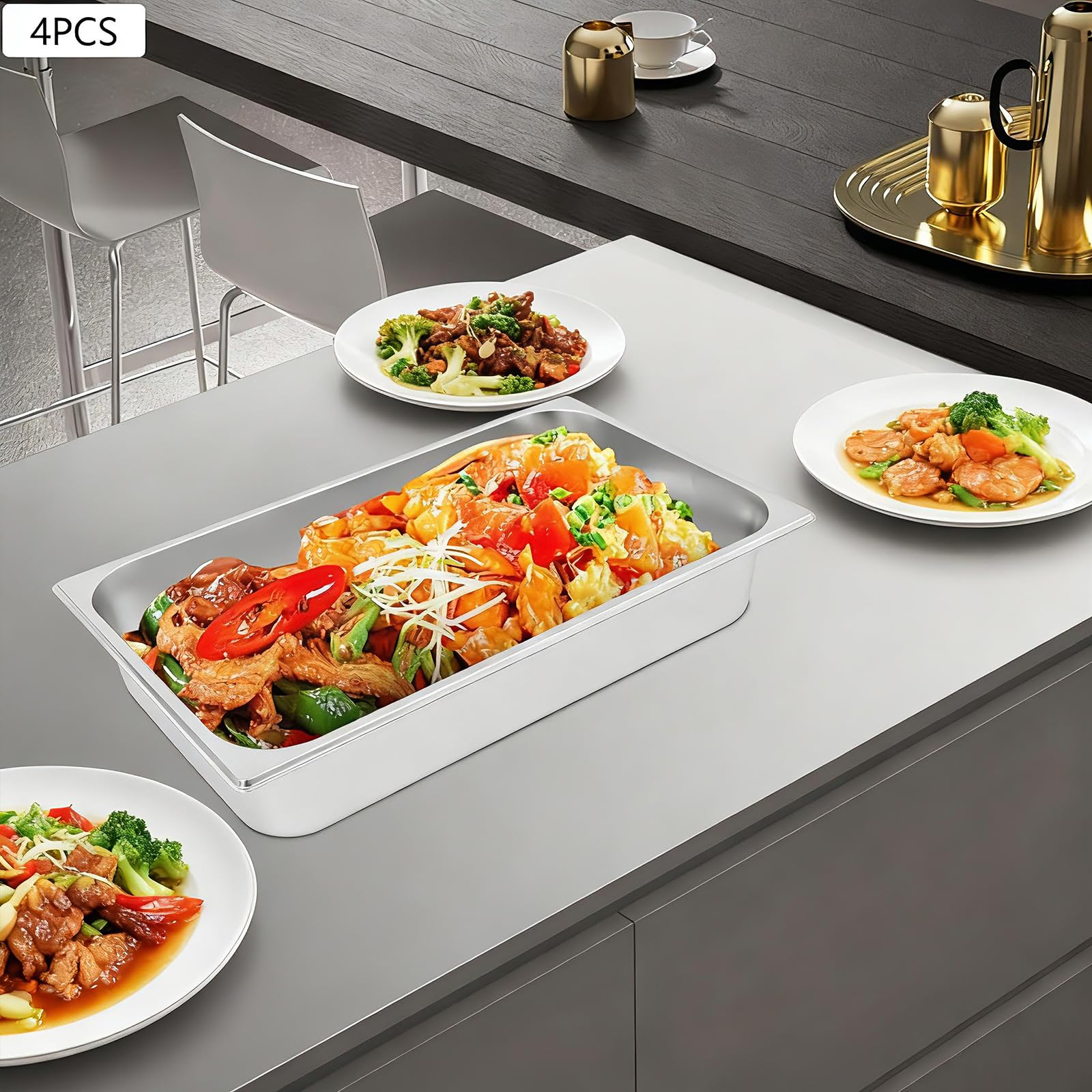 Recipiente gastronorm de acero inoxidable de 7,5 l de capacidad, 100 mm de profundidad, sartenes gastronorm con tapa y asa, grosor de pared de 0,8 mm para recipientes calientes, barra de ensaladas y