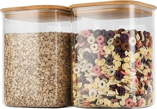 Miniatura 18 de Juego de 4 recipientes de almacenamiento cuadrados herméticos de vidrio de 37 onzas con tapas de bambú, recipientes apilables a rayas (40.6 fl oz),