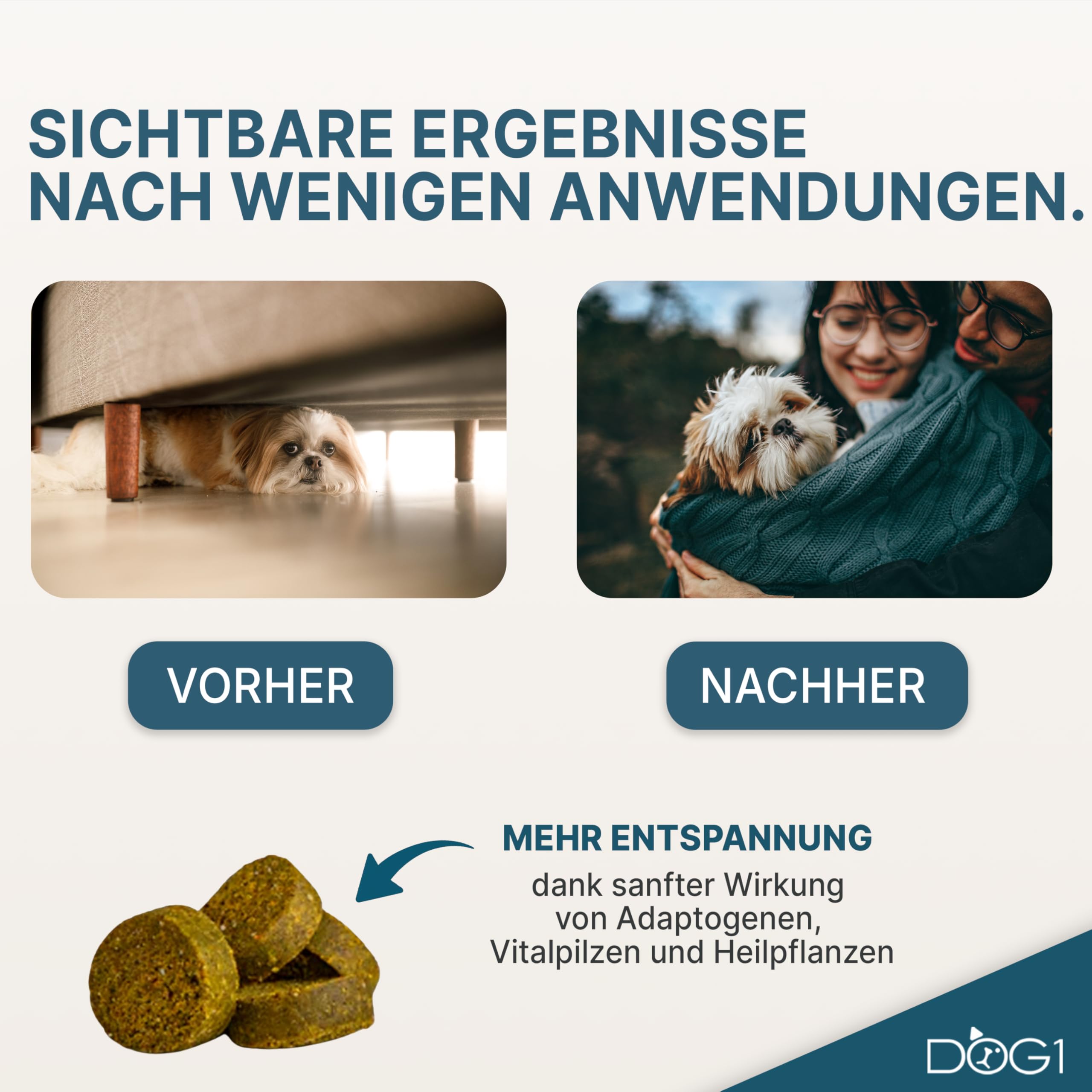 DOG1 Beruhigungsmittel für Hunde – Beruhigungssnack mit Baldrian, Ashwagandha & L-Tryptophan – Natürlich gegen Stress, Angst & Unruhe – für Silvester, Autofahrt, Gewitter – 280g Made in Germany