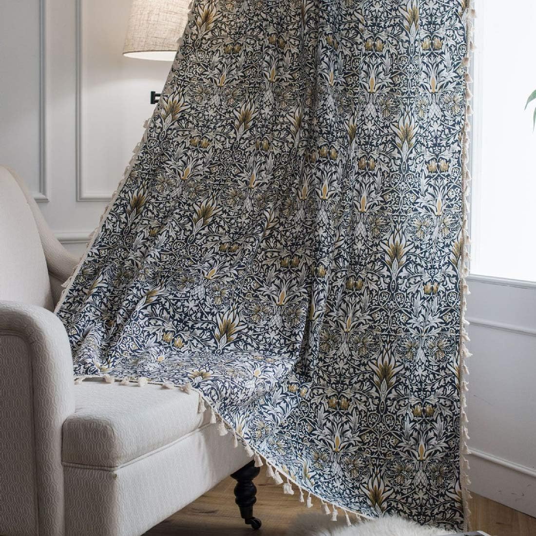 vctops Vintage Floral Print Cotton Linen Curtain Panel with Tassels Farmhouse Style Room Darkening Window Curtain for Bedroom Living Room One Panel 87 Inch Long Yellow