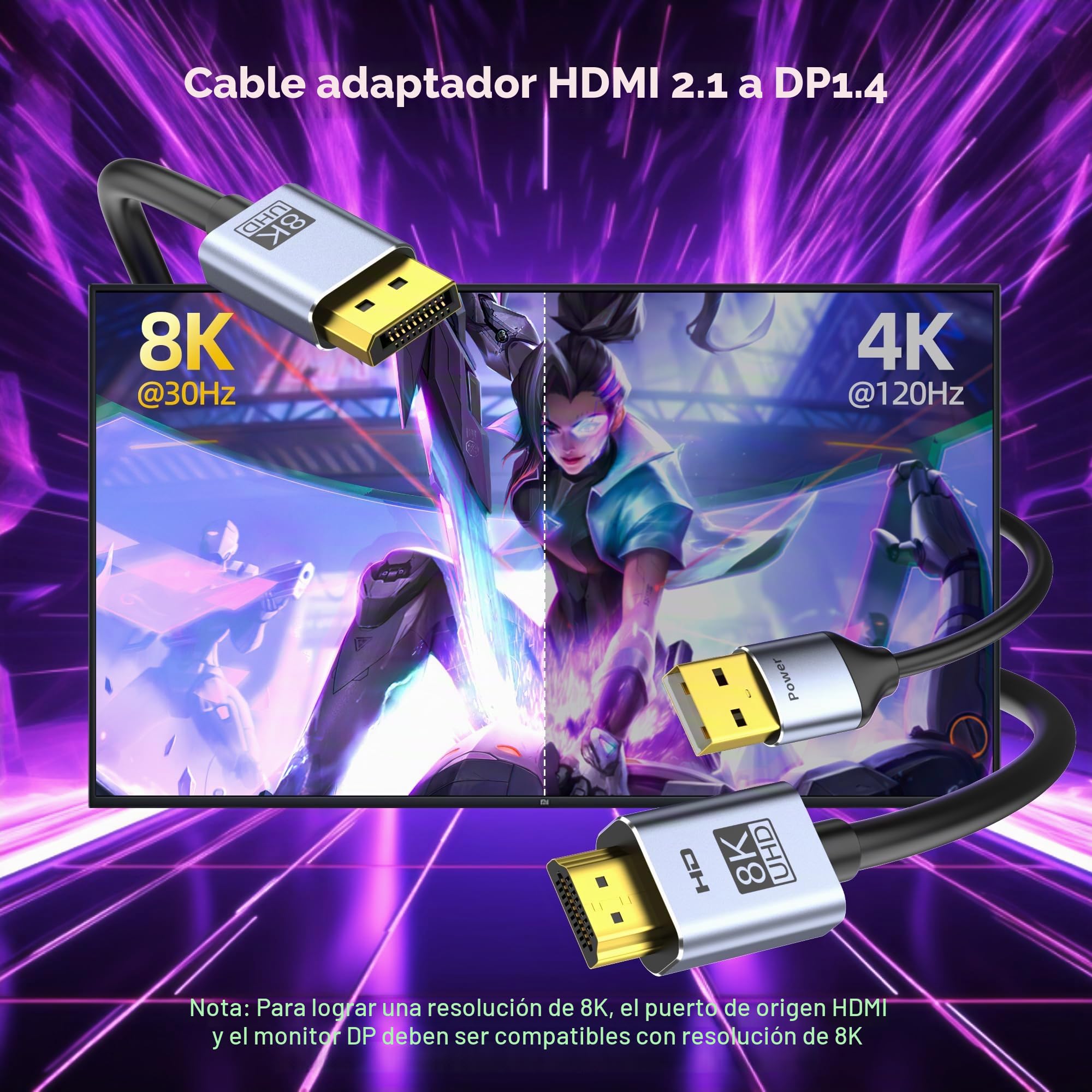 fairikabe Adaptador de cable HDMI 2.1 a DisplayPort 1.4 de 6 pies, fuente HDMI activa unidireccional a cable de monitor DisplayPort 8K, convertidor para ordenador, PC, PS5, Xbox macho a macho