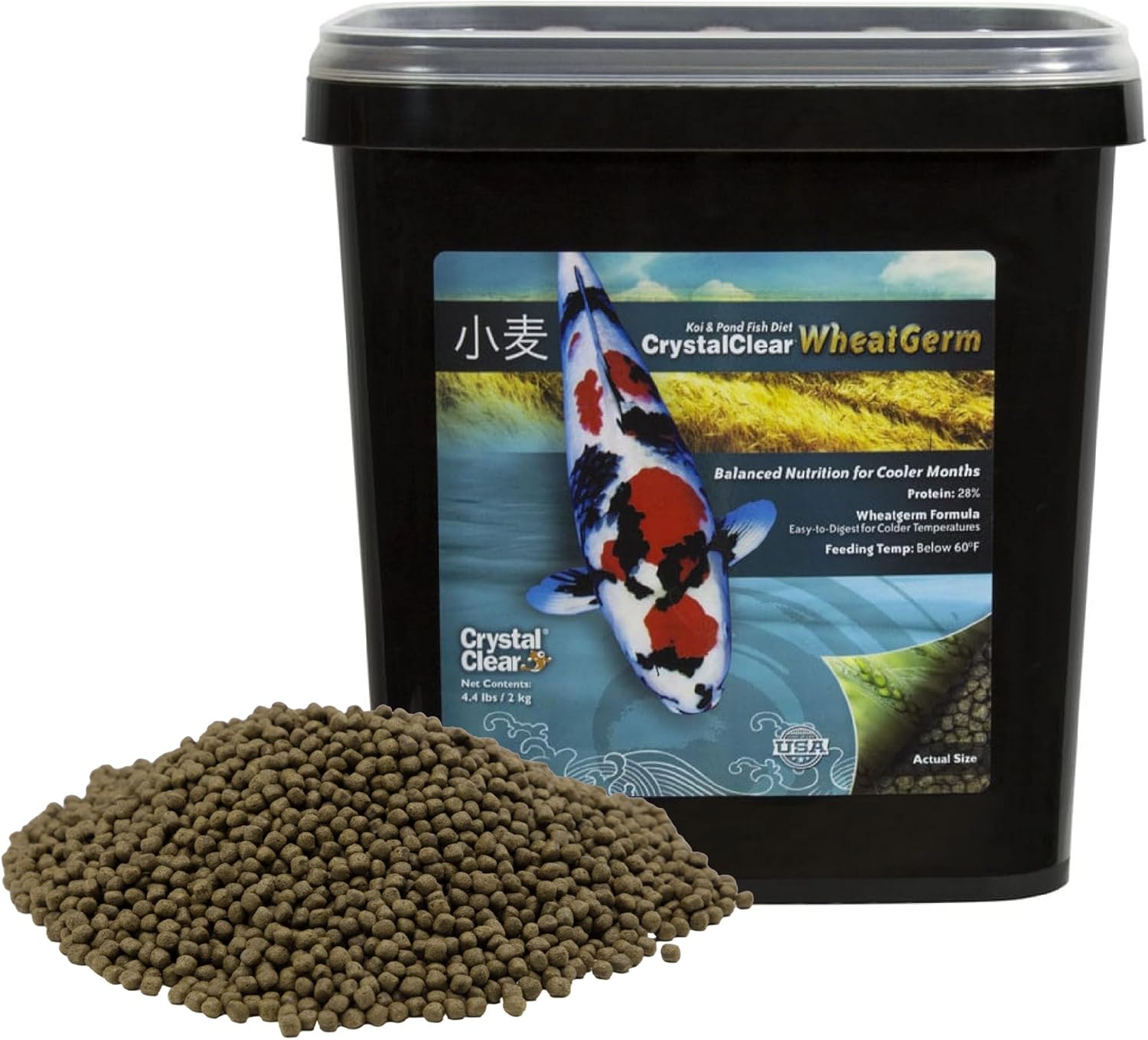 CrystalClear WheatGerm Fish Food—Protein-Rich Floating Pellets for Cold Freshwater Ponds, Ideal in Cooler Spring & Fall Seasons - 4.4 Pound Bucket