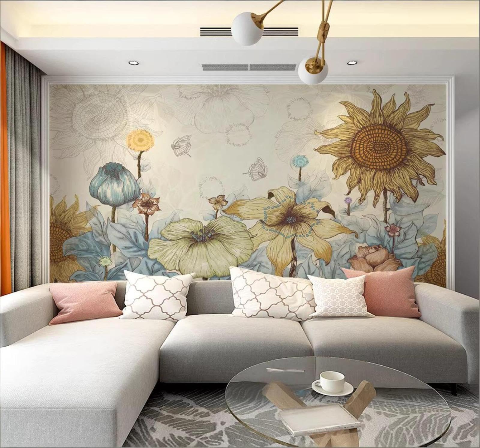 Retro Hand Drawn Sunflowers Creative Pastoral Butterflies 3D Wallpaper Easy Install Feature Office Living Room Sofa Bedroom TV Background Wall Decoration-200cm×140cm