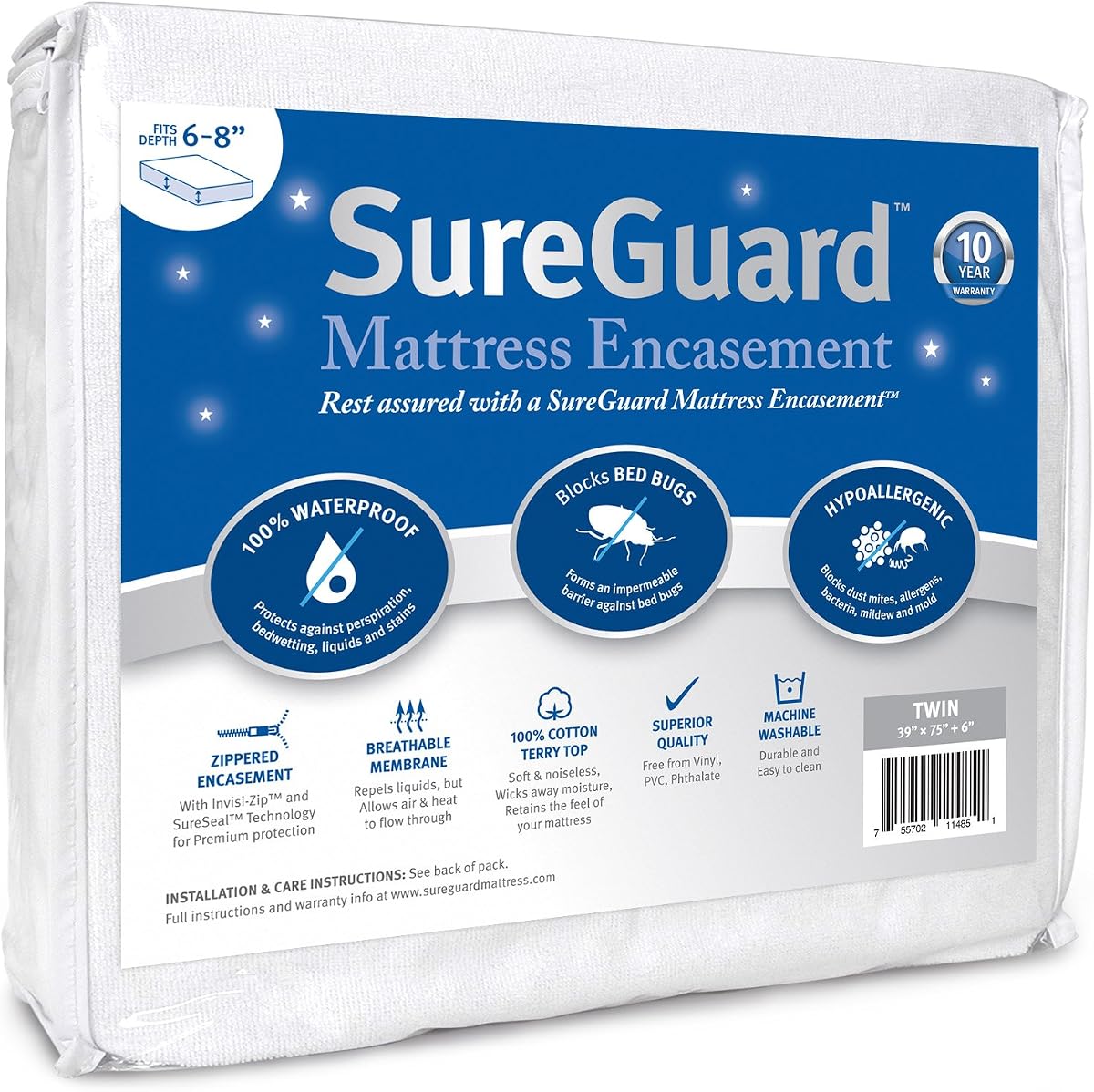 Twin (6-8 in. Deep) SureGuard Mattress Encasement - 100% Waterproof, Bed Bug Proof, Hypoallergenic - Premium Zippered Six-Sided Cover | Six-Sided Waterproof, Bed Bug Proof, Hypoallergenic Dust Mite Mattress Cover, Soft Noiseless Breathable Cotton Terry Top Pad