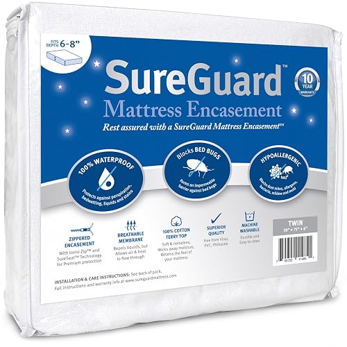 Twin (6-8 in. Deep) SureGuard Mattress Encasement - 100% Waterproof, Bed Bug Proof, Hypoallergenic - Premium Zippered Six-Sided Cover